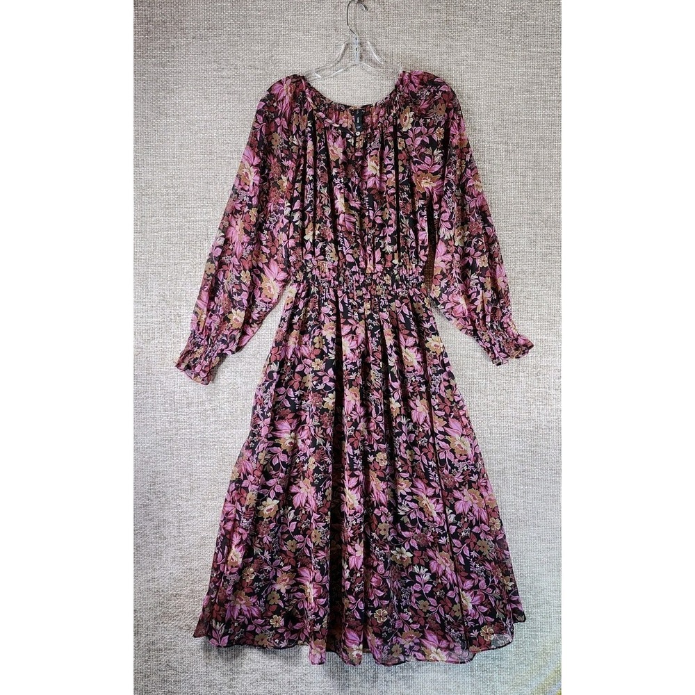 MNG Mango Floral Smocked Waist Dress Womens 4 Black Pink Chiffon Long Sleeve‎